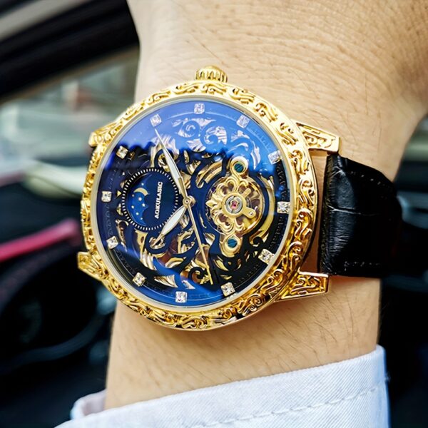 AOKULASIC 1pc Men Luxury Golden Skeleton Tourbillon Automatic Mechanical Watch for Men Luminous Hands Moon Phase Top Brand Black Faux Leather Strap Vintage Case Top Brand Business Casual Mens Watches Anniversary Christmas Valentine'S Day New Year Gifts, Without Battery - Image 7