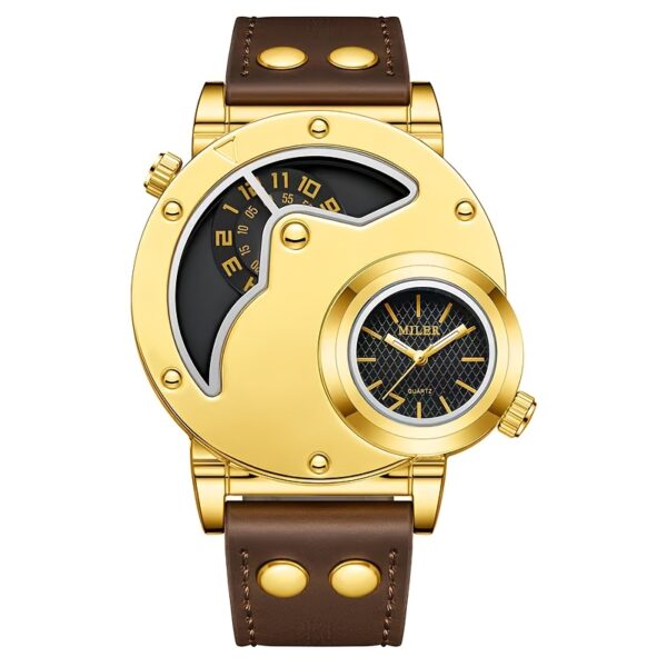 Elegant Men's Quartz Watch with Dual Time Display - Golden-Tone, Faux Leather Strap, Business Style - Image 7