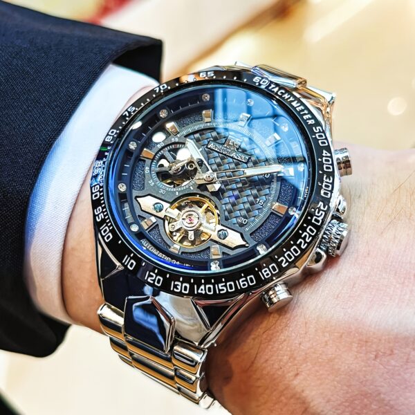 Dapper, Stylish Men's Automatic Mechanical Watch with Tourbillon Movement - Sleek Hollow Design, Stainless Steel Band
