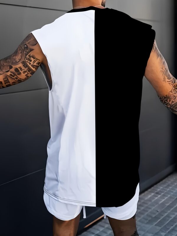 Men's Breathable 3D Color Block Sleeveless T-Shirt - Casual Summer Fitness & Basketball Sports Tee with Crown Print, Black & White Design, Lightweight Polyester-Spandex Blend, Round Neck, Machine Washable, Basketball Shirt - Image 4