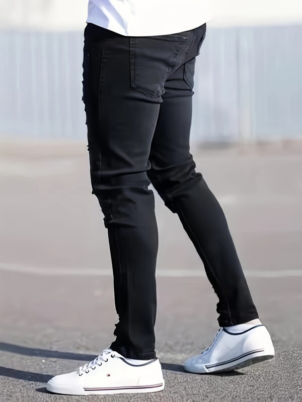 Men'S Slim Fit Black Jeans with Distressed Details - Casual, All-Season, Mid-Rise, Stretchy Denim Pants for Stylish Weekend Attire, Casual Attire Jeans|Distressed Denim Jeans|Stretchy Fabric - Image 4