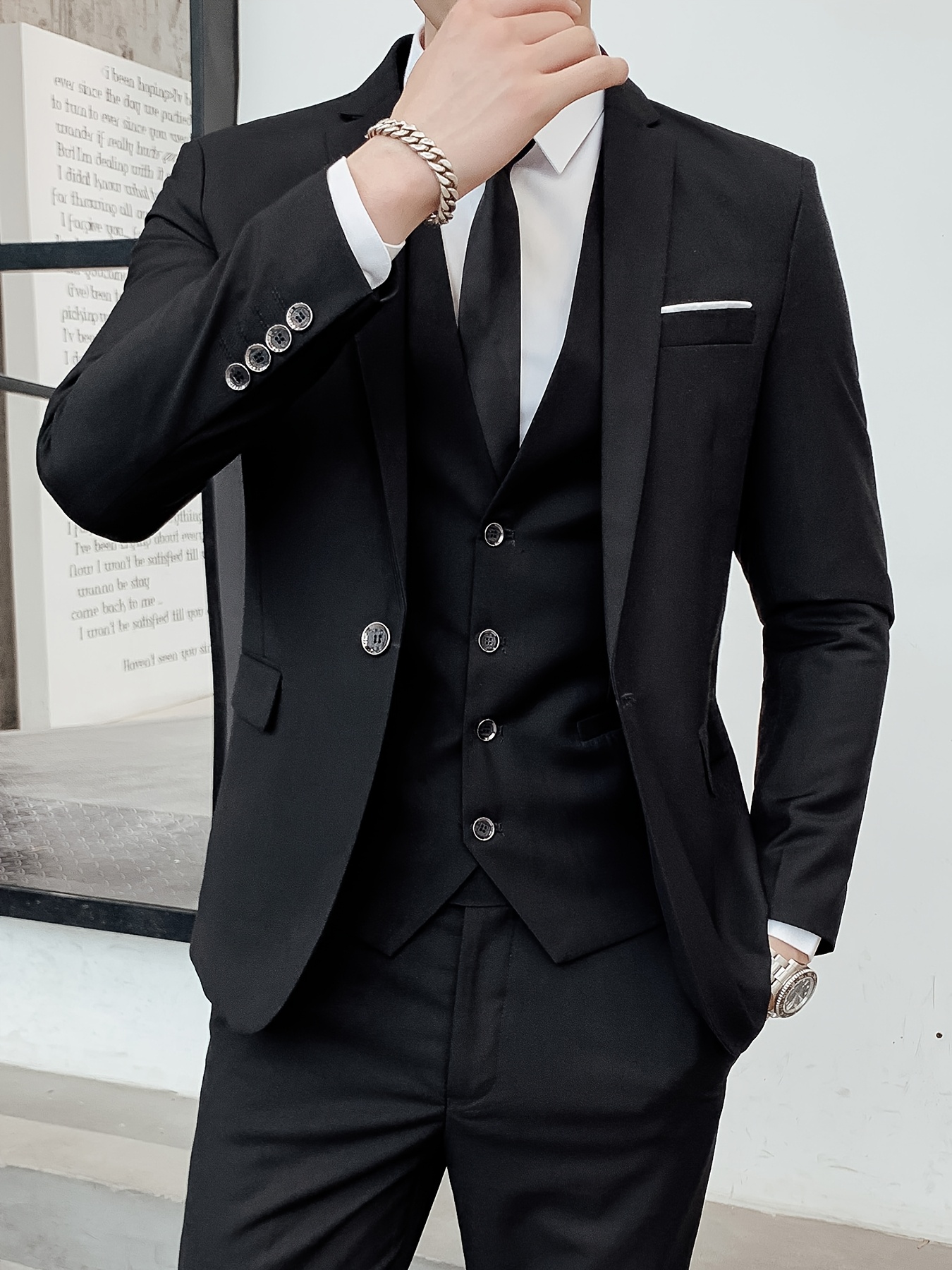 Guireniao Men’S 1pc Black V-Neck Suit Jacket – Elegant Wedding & Business Attire with Pocket, Non-Stretch Fabric, Perfect for Spring/Summer/Fall