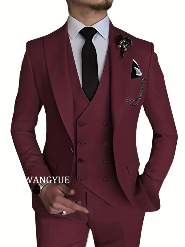 WANGYUE Men'S 3pcs Suit Set - Slim Fit Viscose 80%, Polyester 20% Business Formal Wedding Dance Party Suit with Vest and Pants, Solid Color, Non-Stretch Fabric, Regular Fit, Peak Lapels, All Seasons - Image 7