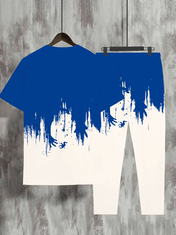 Men'S Casual 3D Digital Print Long Pants and Short Sleeve Set, Crew Neck, Regular Fit, Knit Fabric, Polyester 90%, Spandex 10%, 105g/m², for Spring/Summer/Fall - Weekend Casual Lash Sets - Image 4