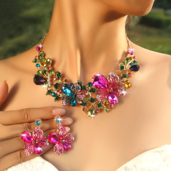 A Luxurious And Sparkling Floral Colored Necklace And Earring Set, Perfect for Brides, Wedding Jewelry, And Party Accessories with a Bling Effect. - Image 4