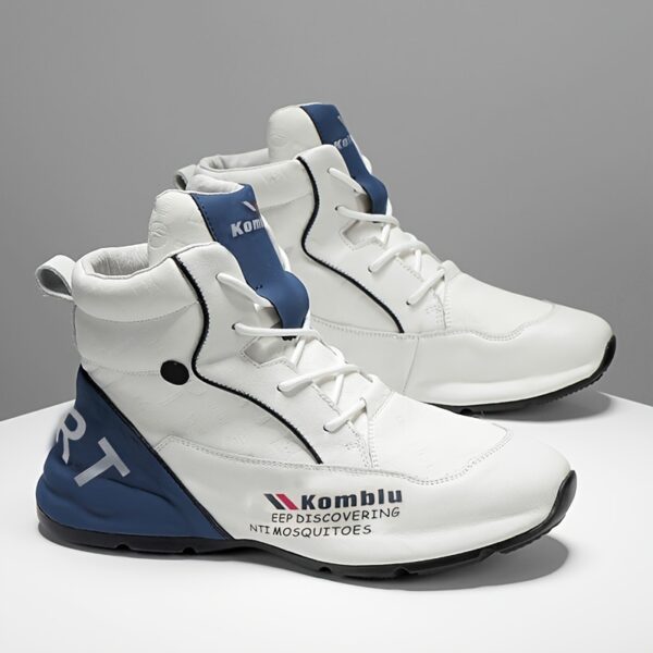 Men's High-Top Casual Sneakers - White & Blue, All-Season Comfort, Lace-Up Sneakers with Non-Slip PVC Sole, Round Toe, PU/Fabric Upper, Perfect for Casual Attire, High Top Sneakers - Image 3