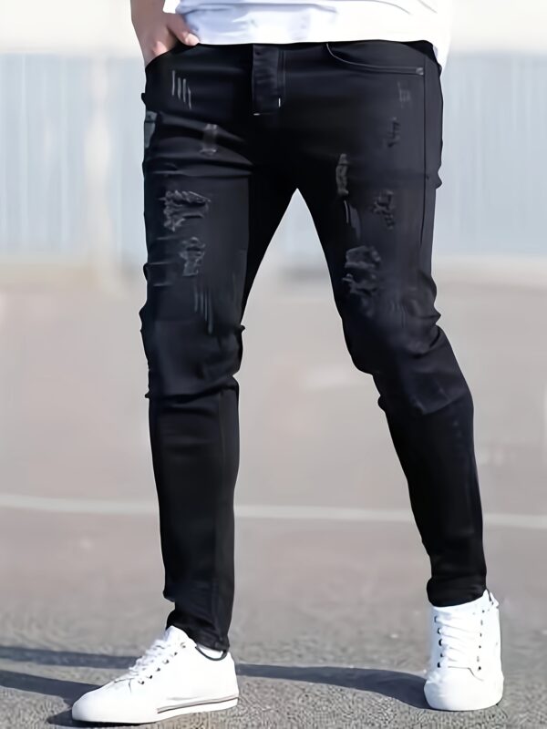 Men'S Slim Fit Black Jeans with Distressed Details - Casual, All-Season, Mid-Rise, Stretchy Denim Pants for Stylish Weekend Attire, Casual Attire Jeans|Distressed Denim Jeans|Stretchy Fabric - Image 3