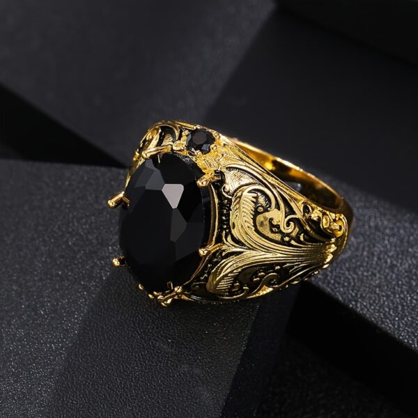 1pc Vintage Style Men'S Ring, Black Oval Synthetic Zirconia Inlay, Copper Crafted, Retro Golden Finish, Elegant Single Ring Jewelry Gift - Image 4