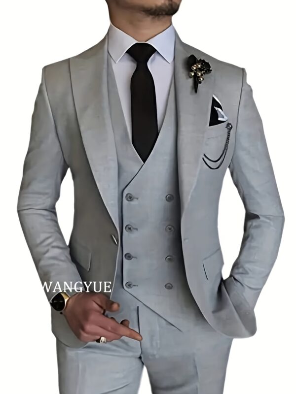 WANGYUE Men'S 3pcs Suit Set - Slim Fit Viscose 80%, Polyester 20% Business Formal Wedding Dance Party Suit with Vest and Pants, Solid Color, Non-Stretch Fabric, Regular Fit, Peak Lapels, All Seasons - Image 4