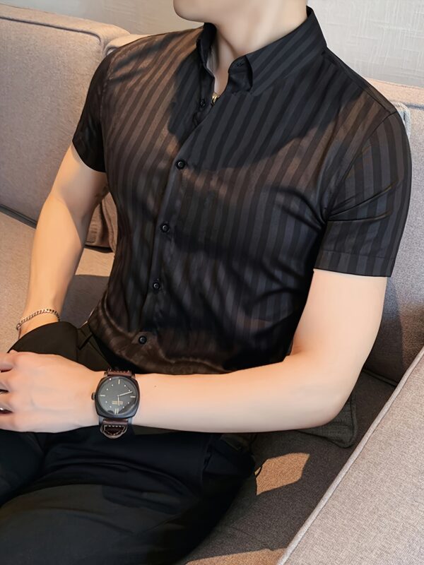 Men'S Summer Striped Business Shirt, Short Sleeve Button, Regular Fit, 95% Polyester 5% Elastane, Woven Fabric, Slight Stretch, Work Style, Lapel Collar, 119gsm - Casual Workwear - Image 3