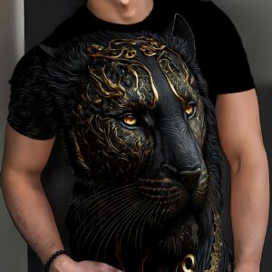 Men's 3D Leopard Print T-Shirt, Black Casual Crew Neck Short Sleeve Top with Golden Accents, Stretch Polyester Knit Fabric, Summer Sportswear, Machine Washable, Athletic Fashion | Round Neck Tee | Comfortable Fit, Leopard Print Shirt