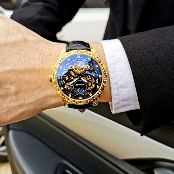 AOKULASIC 1pc Men Luxury Golden Skeleton Tourbillon Automatic Mechanical Watch for Men Luminous Hands Moon Phase Top Brand Black Faux Leather Strap Vintage Case Top Brand Business Casual Mens Watches Anniversary Christmas Valentine'S Day New Year Gifts, Without Battery - Image 5