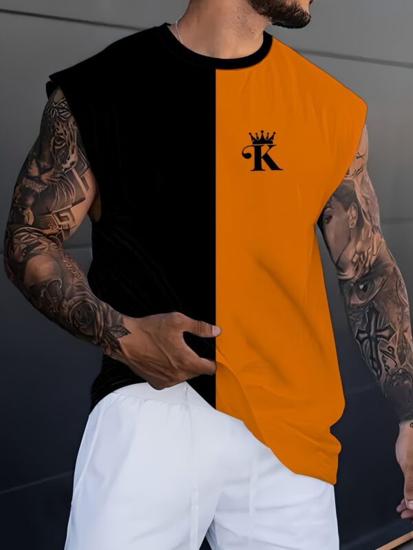 Men's Breathable 3D Color Block Sleeveless T-Shirt - Casual Summer Fitness & Basketball Sports Tee with Crown Print, Black & White Design, Lightweight Polyester-Spandex Blend, Round Neck, Machine Washable, Basketball Shirt - Image 2