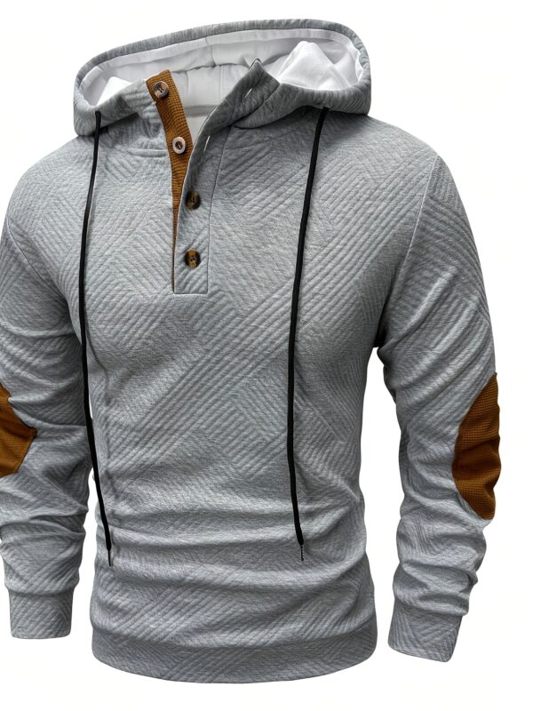 Men'S Stylish Casual Hooded Cardigan with Front Zipper and Button Placket - Geometric Pattern, Brown and Orange Accents, Light Gray, Perfect for Spring/Fall - Image 2