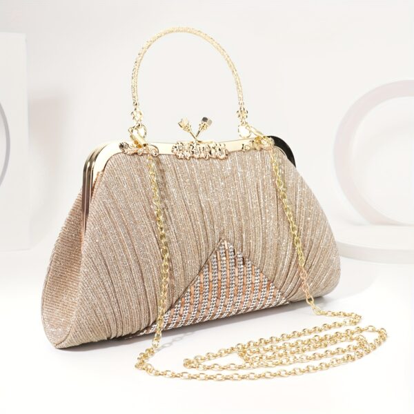 Gorgeous Rhinestone Evening Bag with Pleated Clasp Handbag, Sequined Vintage Tote Bag with Detachable Chain for Women's Dinner Party, Suitable for Parties, Dinners, Weddings - Image 6