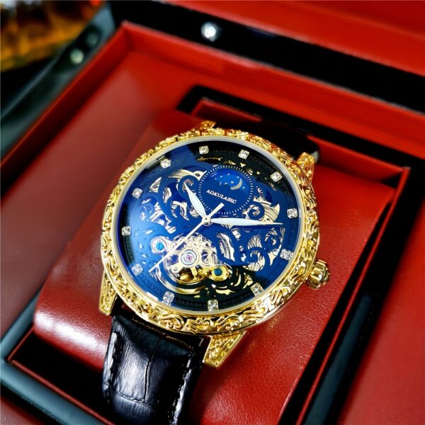 AOKULASIC 1pc Men Luxury Golden Skeleton Tourbillon Automatic Mechanical Watch for Men Luminous Hands Moon Phase Top Brand Black Faux Leather Strap Vintage Case Top Brand Business Casual Mens Watches Anniversary Christmas Valentine'S Day New Year Gifts, Without Battery - Image 4