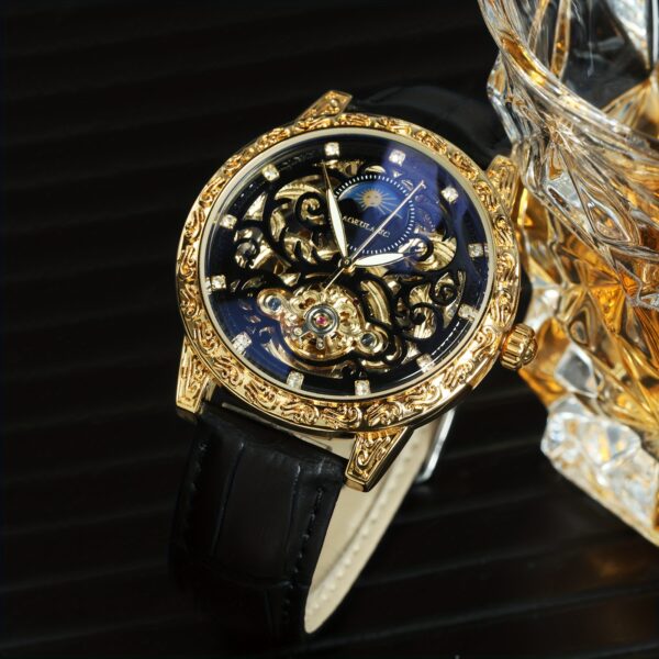 AOKULASIC 1pc Men Luxury Golden Skeleton Tourbillon Automatic Mechanical Watch for Men Luminous Hands Moon Phase Top Brand Black Faux Leather Strap Vintage Case Top Brand Business Casual Mens Watches Anniversary Christmas Valentine'S Day New Year Gifts, Without Battery - Image 2