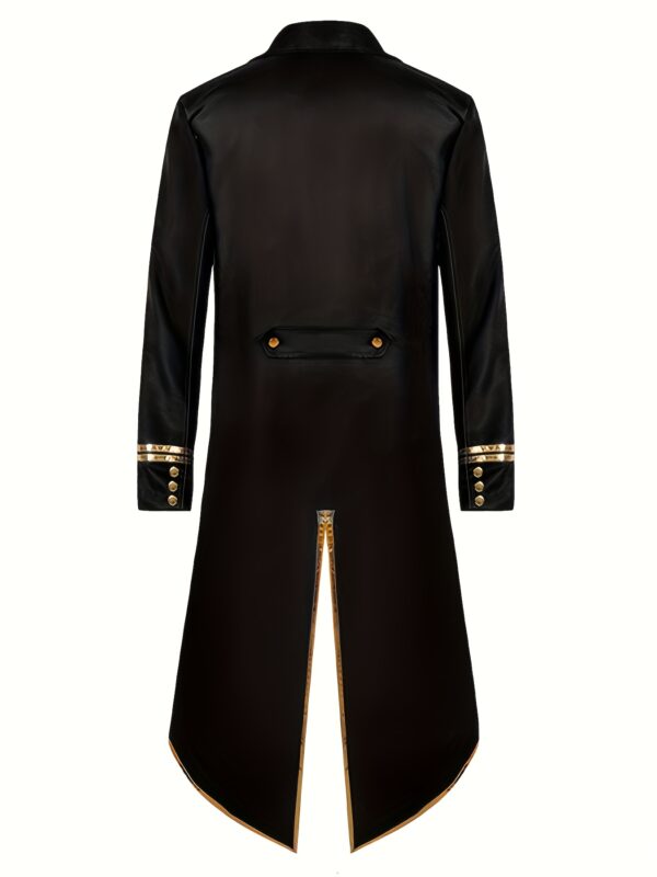 Vintage-Inspired Mid-Length Tuxedo Coat with Golden Trim - Black Retro Punk Style for Halloween, Stage Performances & Themed Events, Stage Performance Attire | Ornate Golden Detailing | Polyester Fiber Coat - Image 7