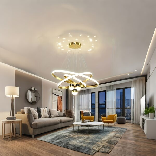 Modern 3-Ring LED Chandelier with Golden Accents - Adjustable Brightness, Sleek Metal Design for Living Room, Kitchen, Office, or Dining Area, 50+40+30cm, Modern Dining Light|Elegant Chandelier|Durable Metal Construction, Chandelier Lighting - Image 3