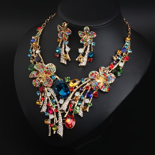 3pcs Vibrant Crystal Flower Jewelry Set - Luxurious Multicolored Necklace and Earrings, Zinc Alloy, Perfect for Bridal Parties & Celebrations, Wedding Gifts - Image 3
