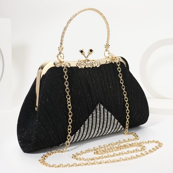 Gorgeous Rhinestone Evening Bag with Pleated Clasp Handbag, Sequined Vintage Tote Bag with Detachable Chain for Women's Dinner Party, Suitable for Parties, Dinners, Weddings - Image 5