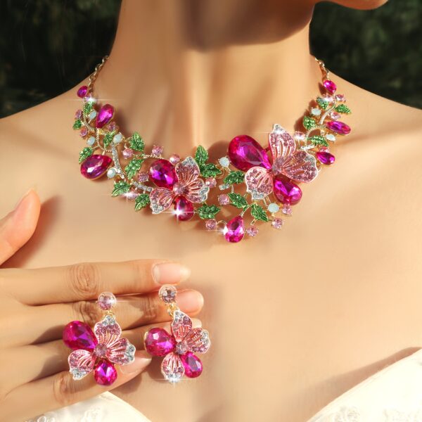 A Luxurious And Sparkling Floral Colored Necklace And Earring Set, Perfect for Brides, Wedding Jewelry, And Party Accessories with a Bling Effect. - Image 7