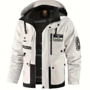 Men's Spring Autumn Hooded Jacket - Windproof, Warm Outdoor Coat with Detachable Hat, Multi-Pocket Cargo Design, Zipper Closure, Color Block Style, Leisure Style, Conventional Version