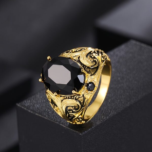 1pc Vintage Style Men'S Ring, Black Oval Synthetic Zirconia Inlay, Copper Crafted, Retro Golden Finish, Elegant Single Ring Jewelry Gift - Image 3