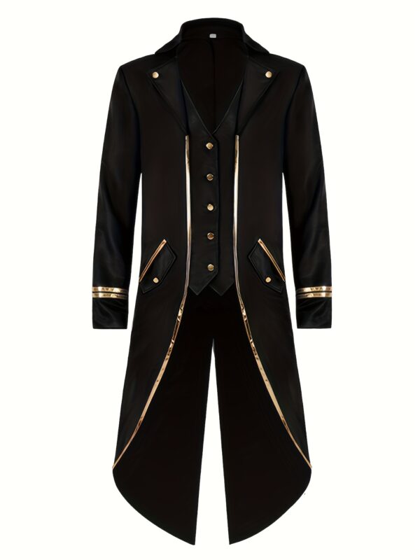 Vintage-Inspired Mid-Length Tuxedo Coat with Golden Trim - Black Retro Punk Style for Halloween, Stage Performances & Themed Events, Stage Performance Attire | Ornate Golden Detailing | Polyester Fiber Coat - Image 3
