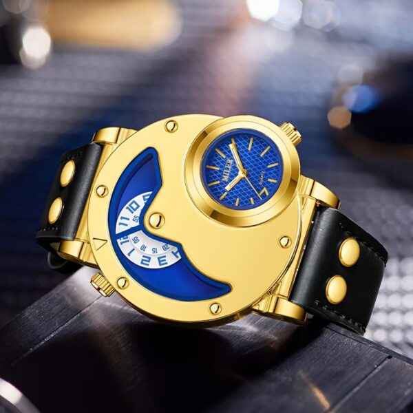 Elegant Men's Quartz Watch with Dual Time Display - Golden-Tone, Faux Leather Strap, Business Style - Image 2