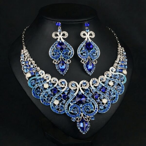 Exaggerated Necklace And Earring Set, Blue Rhinestone Collar Chain Decoration, Vintage Dress Accessories. - Image 4
