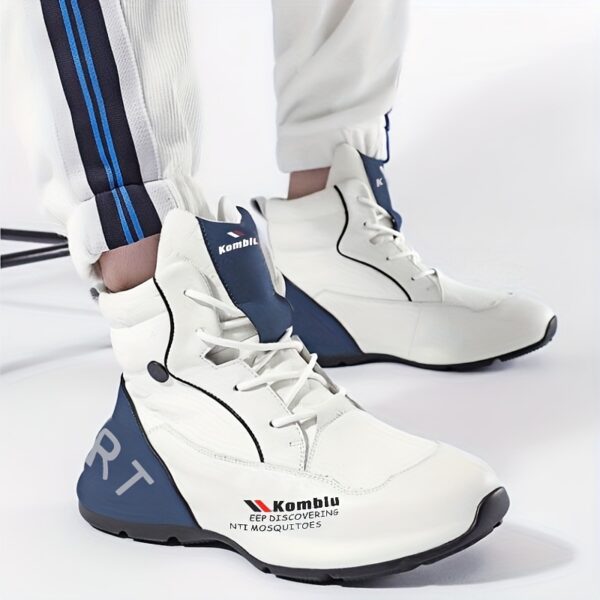 Men's High-Top Casual Sneakers - White & Blue, All-Season Comfort, Lace-Up Sneakers with Non-Slip PVC Sole, Round Toe, PU/Fabric Upper, Perfect for Casual Attire, High Top Sneakers - Image 2