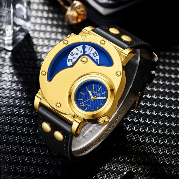 Elegant Men's Quartz Watch with Dual Time Display - Golden-Tone, Faux Leather Strap, Business Style - Image 5