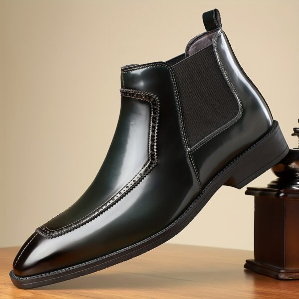 Men's Slip-On Boots - Durable Rubber Sole, Black Ankle Boots with Pointed Toe & Elastic Band, All-Season Casual Street Style Shoes - Image 4