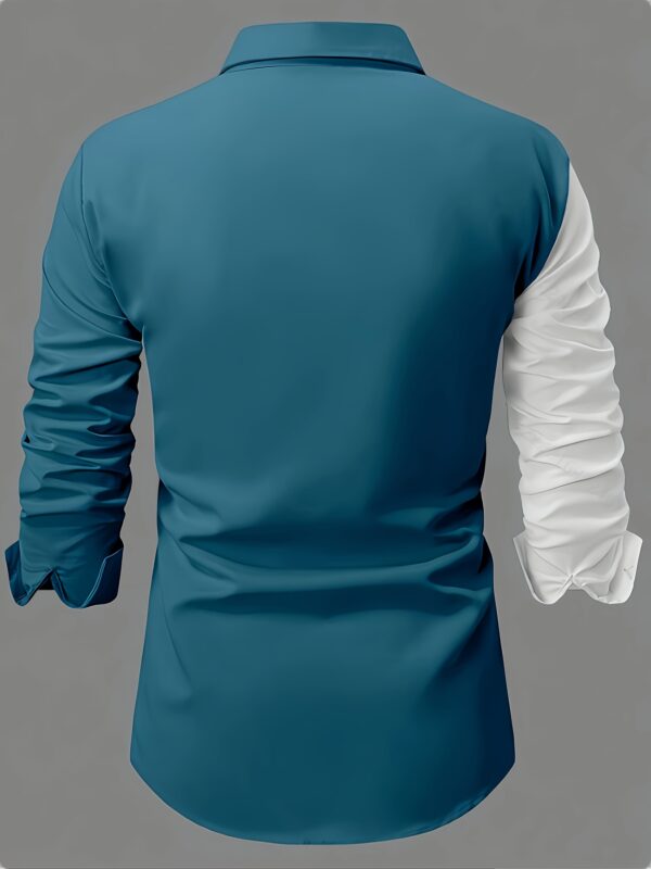 Men's Stylish Blue and White Color Block Long Sleeve Button-Up Shirt - Casual Polyester Blend with "KING" Cursive Print, Form-Fitting Design for Casual Attire - Image 3