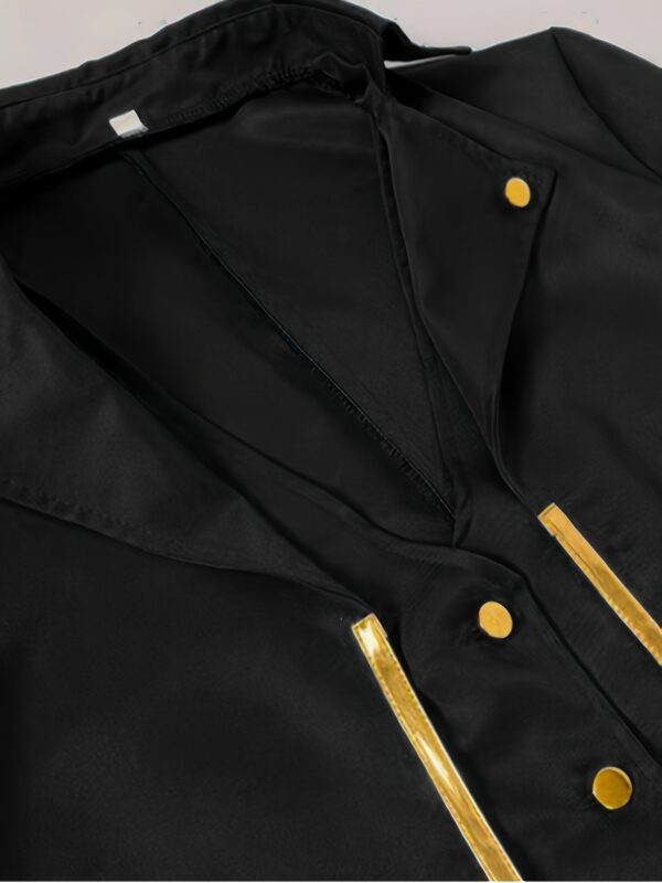 Vintage-Inspired Mid-Length Tuxedo Coat with Golden Trim - Black Retro Punk Style for Halloween, Stage Performances & Themed Events, Stage Performance Attire | Ornate Golden Detailing | Polyester Fiber Coat - Image 10