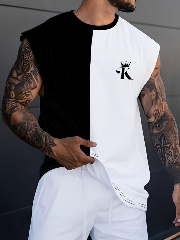 Men's Breathable 3D Color Block Sleeveless T-Shirt - Casual Summer Fitness & Basketball Sports Tee with Crown Print, Black & White Design, Lightweight Polyester-Spandex Blend, Round Neck, Machine Washable, Basketball Shirt - Image 5