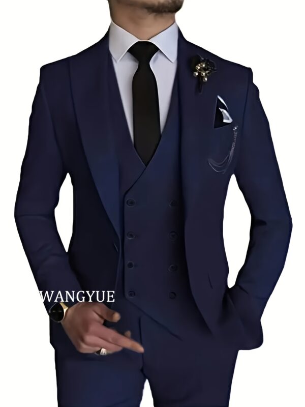 WANGYUE Men'S 3pcs Suit Set - Slim Fit Viscose 80%, Polyester 20% Business Formal Wedding Dance Party Suit with Vest and Pants, Solid Color, Non-Stretch Fabric, Regular Fit, Peak Lapels, All Seasons - Image 3