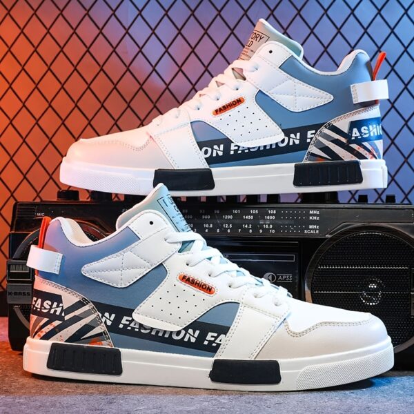 1 Pair Men'S High-Top Chunky Sneakers, Preppy Style Casual Sports Shoes with Faux, Fabric Lining, PVC Sole, Round Toe, Lace-Up - Solid & Striped Patterns, Cartoon Design for Outdoor Activities, All-Season Comfort - Image 4