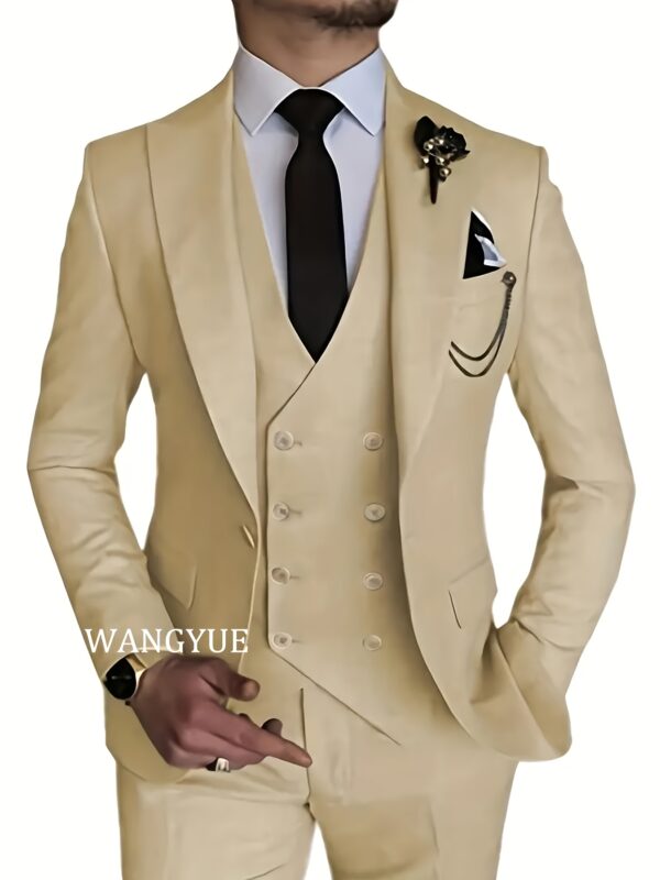 WANGYUE Men'S 3pcs Suit Set - Slim Fit Viscose 80%, Polyester 20% Business Formal Wedding Dance Party Suit with Vest and Pants, Solid Color, Non-Stretch Fabric, Regular Fit, Peak Lapels, All Seasons - Image 6