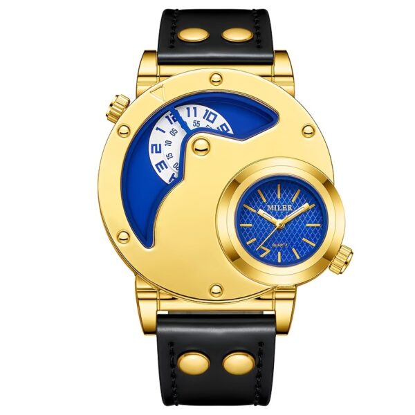 Elegant Men's Quartz Watch with Dual Time Display - Golden-Tone, Faux Leather Strap, Business Style - Image 9