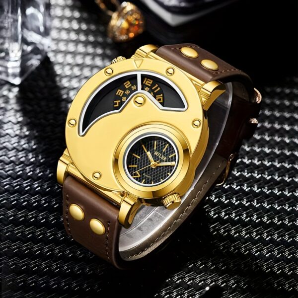 Elegant Men's Quartz Watch with Dual Time Display - Golden-Tone, Faux Leather Strap, Business Style - Image 3