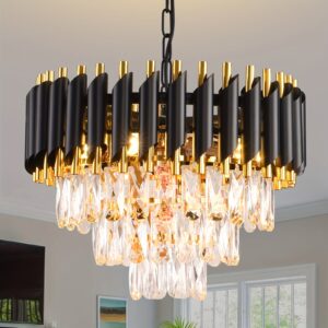 Elegant 3-Tier Black & Golden Crystal Chandelier - Modern Flush Mount Ceiling Light for Living Room, Dining, Bedroom - Adjustable, Easy Install, E12 Base (Bulb Not Included)