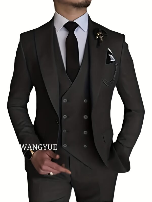 WANGYUE Men'S 3pcs Suit Set - Slim Fit Viscose 80%, Polyester 20% Business Formal Wedding Dance Party Suit with Vest and Pants, Solid Color, Non-Stretch Fabric, Regular Fit, Peak Lapels, All Seasons - Image 2