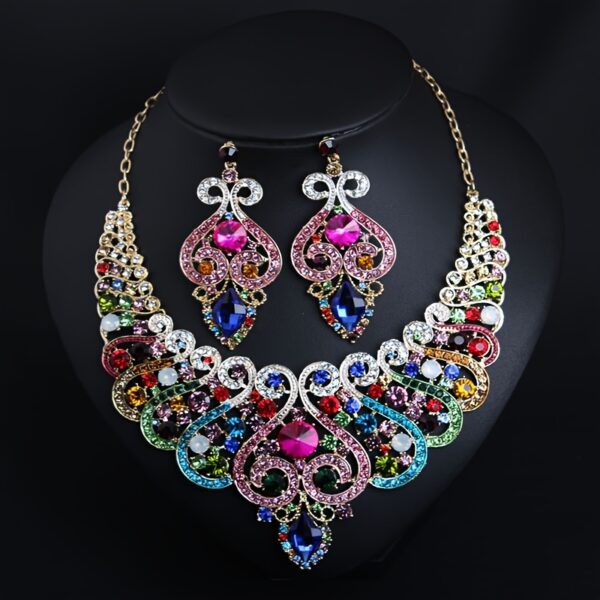 Exaggerated Necklace And Earring Set, Blue Rhinestone Collar Chain Decoration, Vintage Dress Accessories. - Image 6