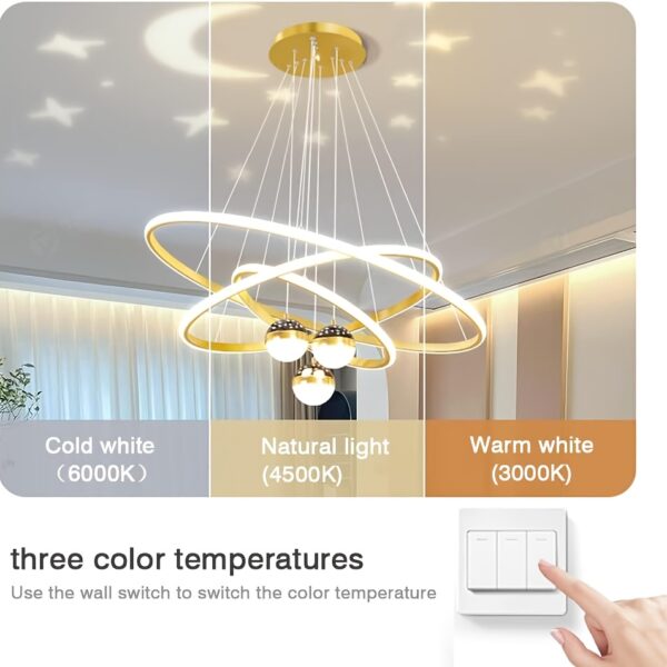 Modern 3-Ring LED Chandelier with Golden Accents - Adjustable Brightness, Sleek Metal Design for Living Room, Kitchen, Office, or Dining Area, 50+40+30cm, Modern Dining Light|Elegant Chandelier|Durable Metal Construction, Chandelier Lighting - Image 6