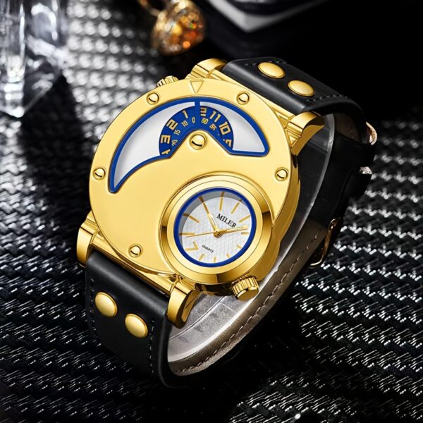 Elegant Men's Quartz Watch with Dual Time Display - Golden-Tone, Faux Leather Strap, Business Style - Image 8