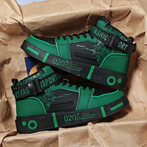 Unisex High-Top Skateboarding Shoes, Solid Color PU Upper, Fabric Inner, Rubber Sole, Lace & Buckle Closure, for Men and Women