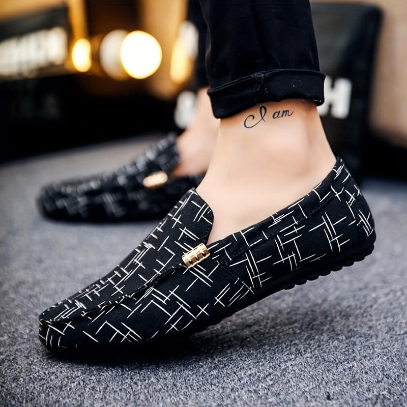 Men's Slip-On Loafers - Stylish Black & White Geometric Pattern Casual Shoes, Breathable Mesh Upper, Rubber Sole, Round Toe, Perfect for Outdoor Wear in All Seasons, Breathable Shoes | Geometric Pattern Shoes | Durable Comfort Shoes, Dressy Shoes
