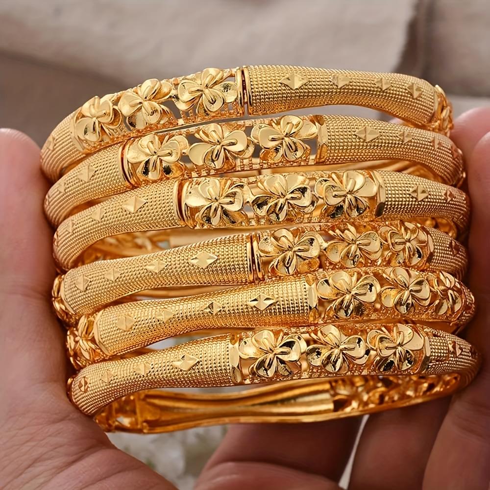 4pcs Gold-Plated Copper Bangle Set, Tribal Luxury Style, Adjustable Open Cuff Bracelets for Women, Daily & Festival Wear, Ramadan Celebration, All-Season Jewelry